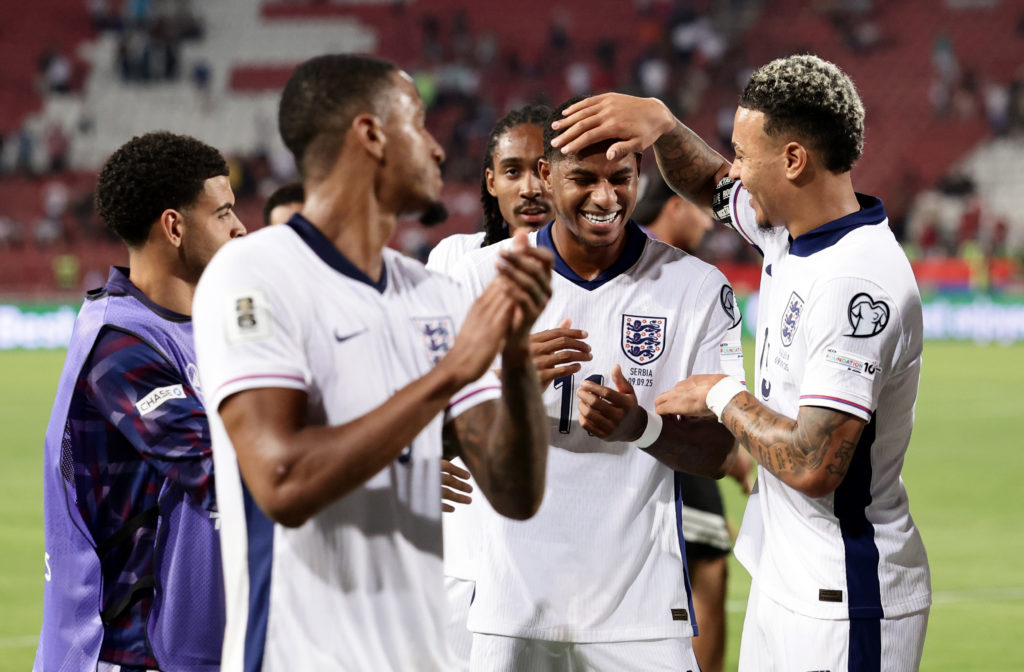 Manchester United and Barcelona player Marcus Rashford celebrates with his teammates at full-time following the team’s victory in the FIFA World Cup 2026 qualifier match between Serbia and England at the Rajko Mitic Stadium in 2025 in Belgrade, Serbia.