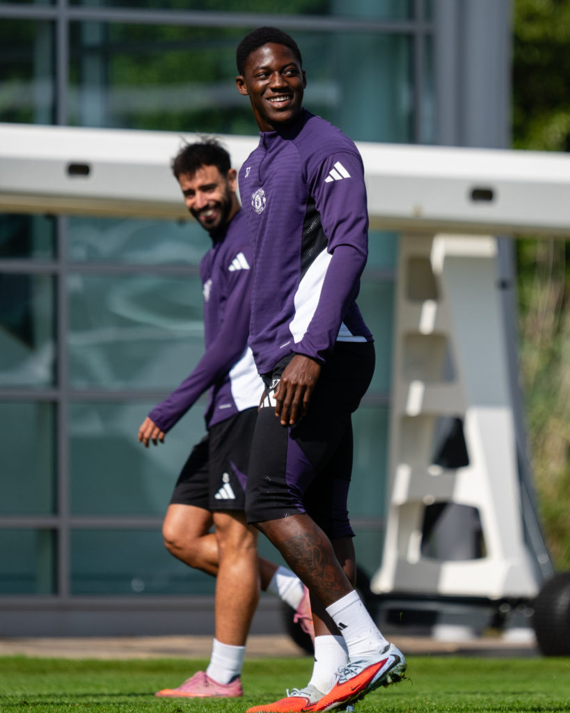 Bruno Fernandes, Kobbie Mainoo of Manchester United in action during a first team training session
