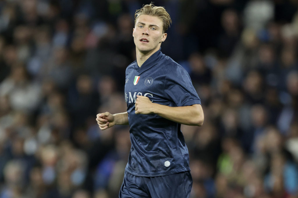 Rasmus Hojlund in navy blue Napoli kit