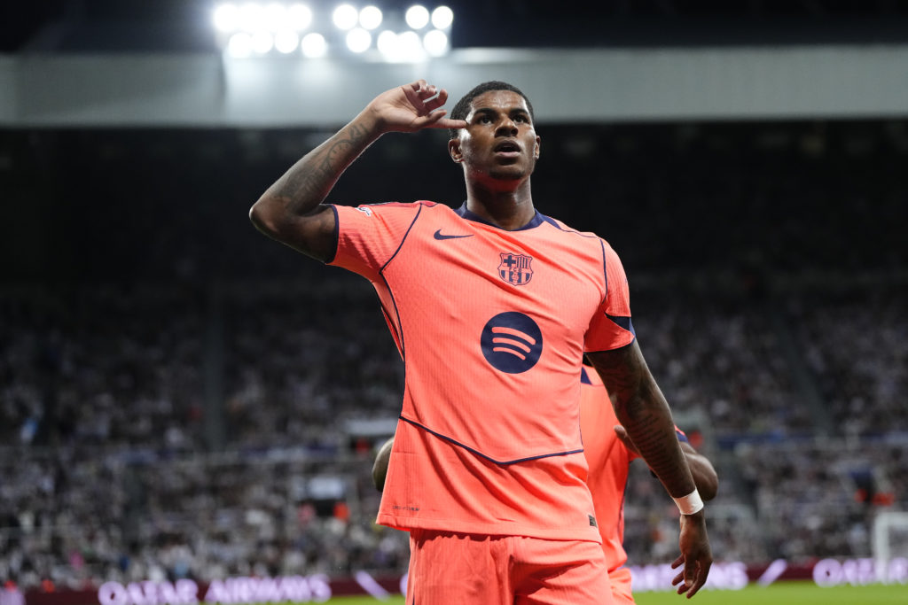 Manchester United and England star Marcus Rashford celebrates after scoring in the Champions League match between Newcastle United and Barcelona at St James’ Park in 2025 in Newcastle upon Tyne, England.