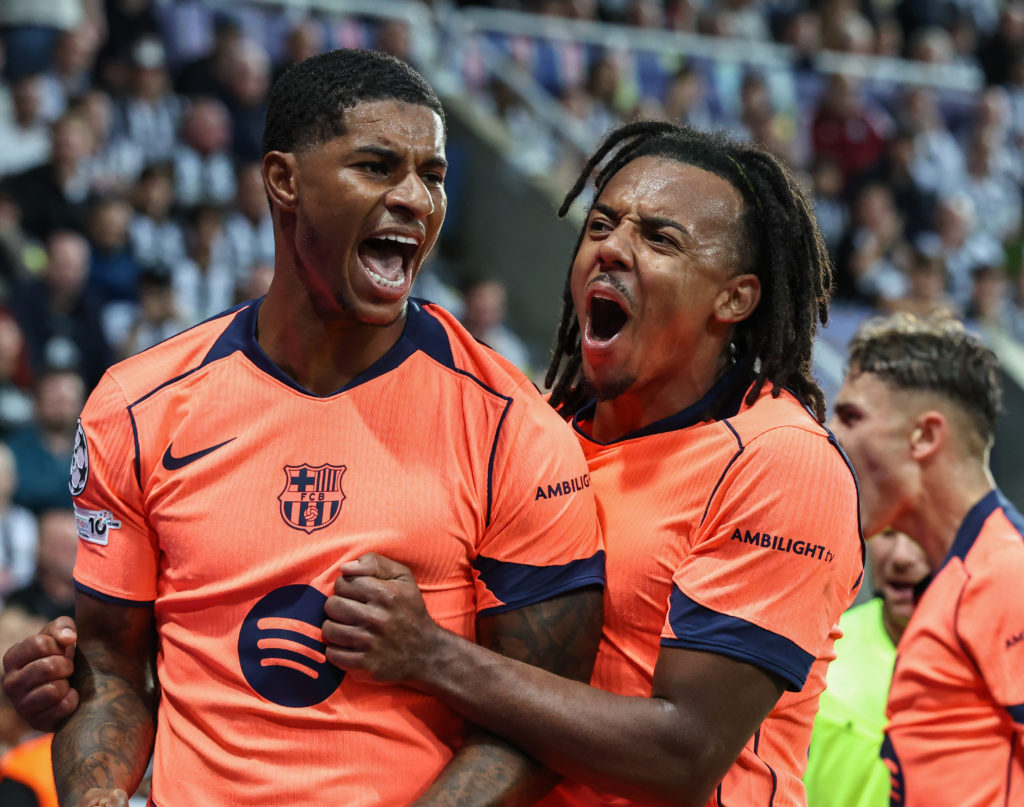 Manchester United and England player Marcus Rashford celebrates with Jules Kounde during the Champions League match between Newcastle United and Barcelona at St James’ Park in 2025 in Newcastle upon Tyne, England.