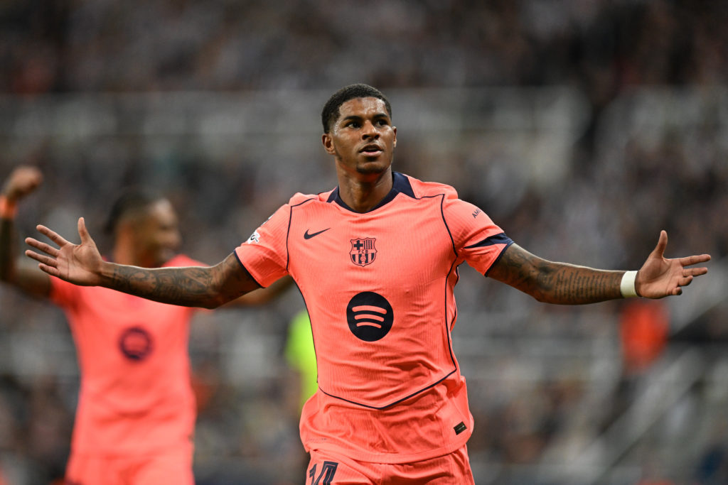 Marcus Rashford celebrates scoring for Barcelona vs Newcastle
