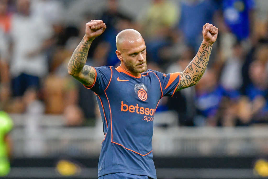 Federico Dimarco of Inter celebrates a goal.
