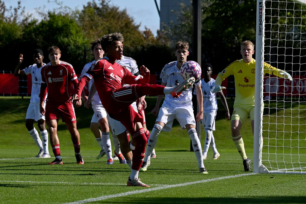 Trent Kone-Doherty in action during the Premier League 2 match at the Liverpool Training Centre against Manchester United Under-21s in 2025 in Kirkby, England.