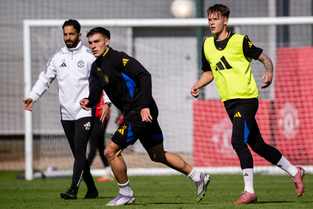 Sam Mather and Manuel Ugarte during Manchester United training session.