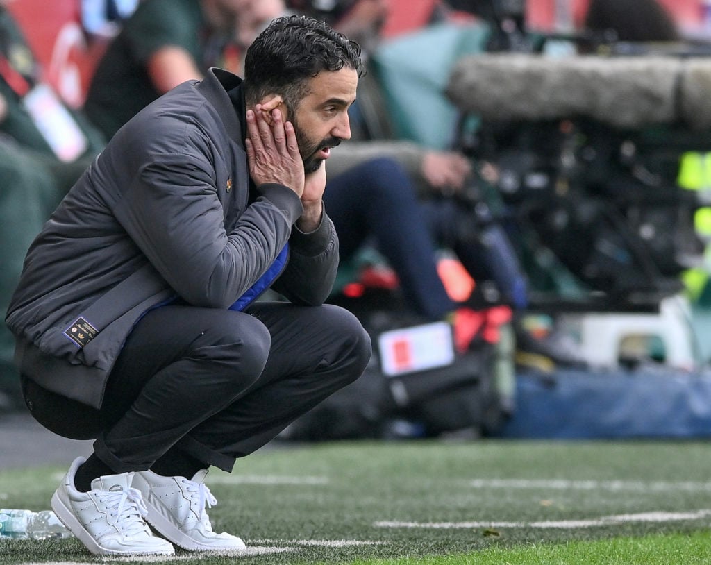 Manchester United manager Ruben Amorim looks dejected during the Premier League match between Brentford and Manchester United at the Gtech Community Stadium in 2025 in Brentford, England.