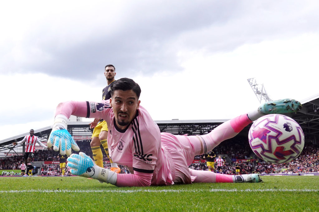 Altay Bayindir pictured conceding goal for Manchester United.