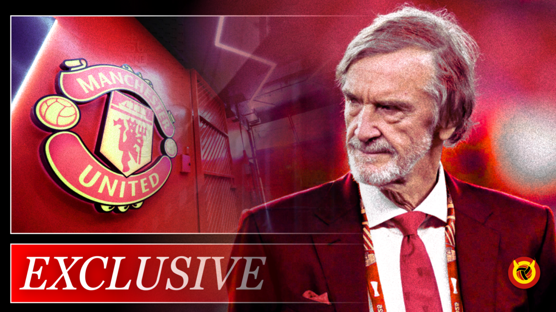 Exclusive image for United in Focus with Sir Jim Ratcliffe looking on and Manchester United badge inset