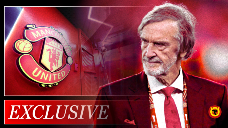 Exclusive image for United in Focus with Sir Jim Ratcliffe looking on and Manchester United badge inset