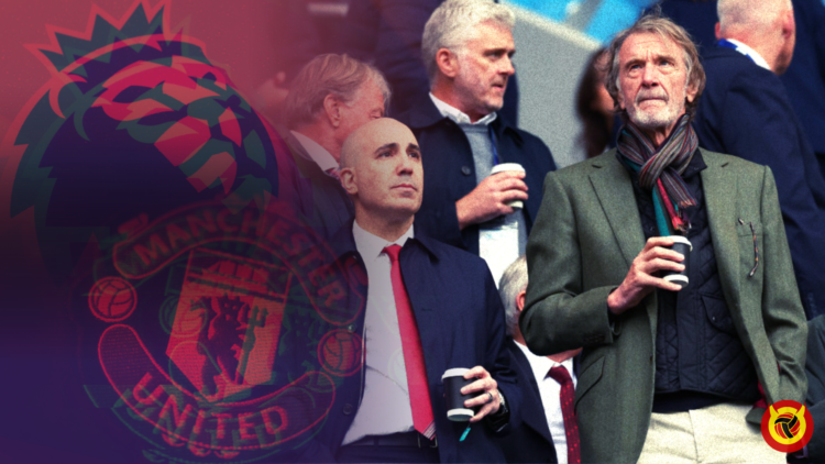Illustration split image of Sir Jim Ratcliffe, Omar Berrada, the Manchester United badge and Premier League logo, with United in Focus watermark