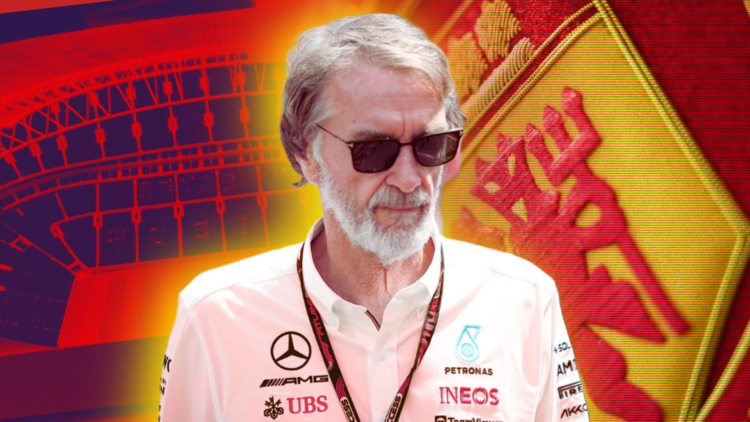 Sir Jim Ratcliffe superimposed over a split image of the Manchester United badge and Old Trafford replacement stadium design