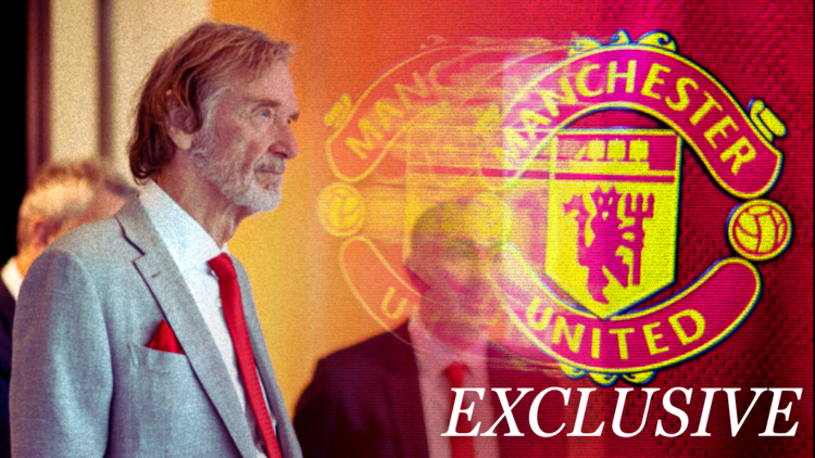 Split image of Sir Jim Ratcliffe and the Manchester United badge, with 'exclusive' wordage