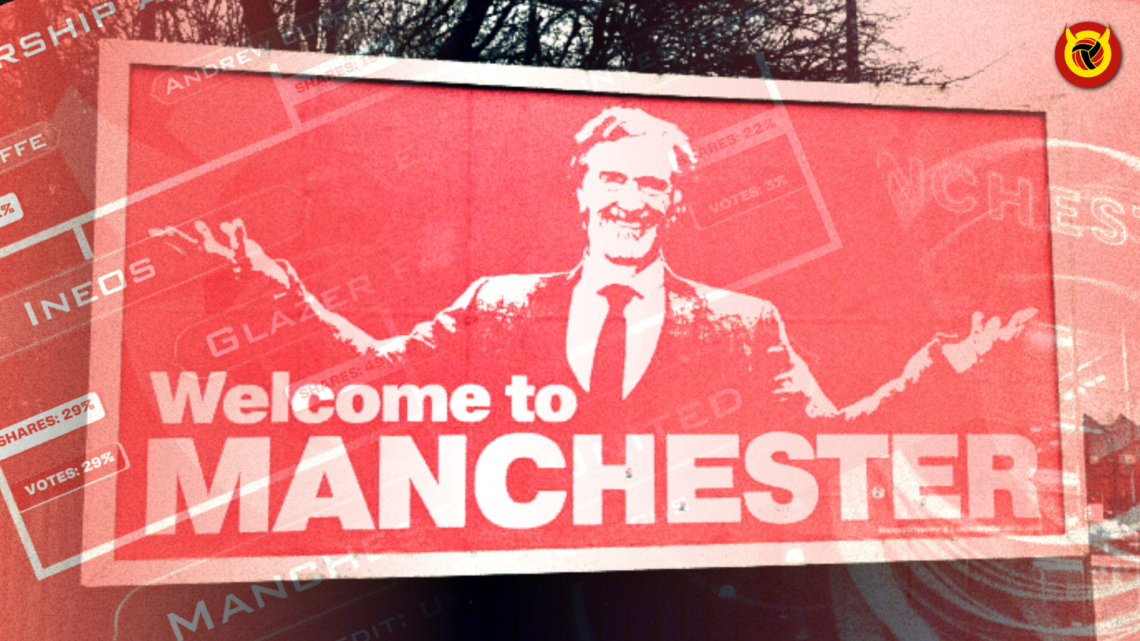 Illustration image of Sir Jim Ratcliffe's 'welcome to Manchester' billboard, with United in Focus logo