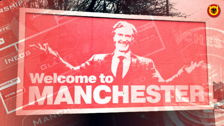 Illustration image of Sir Jim Ratcliffe's 'welcome to Manchester' billboard, with United in Focus logo