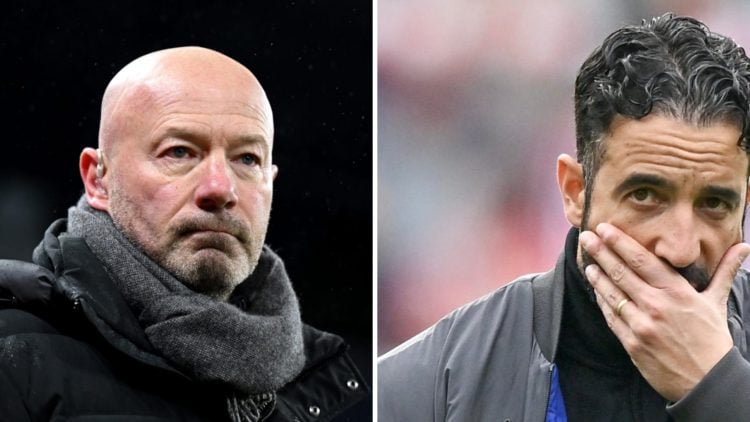 Split image of Alan Shearer as a pundit and Manchester United head coach Ruben Amorim.