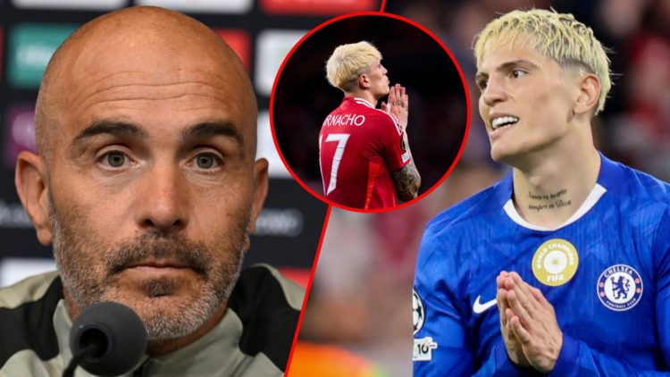 Alejandro Garnacho during the Champions League match against Bayern Munich, inset Chelsea manager Enzo Maresca, inset the former Manchester United ...