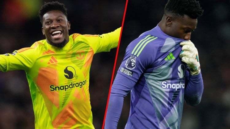 Andre Onana celebrates, and reflects with disappointment
