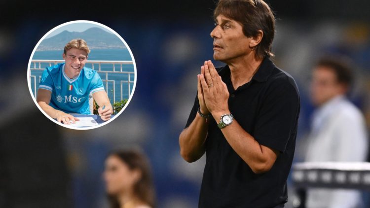 Napoli manager Antonio Conte, inset of Manchester United loanee Rasmus Hojlund.