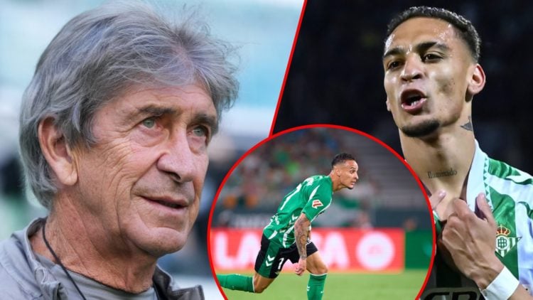 Antony in the Conference League match against Fiorentina, inset Real Betis head coach Manuel Pellegrini, inset the former Manchester United and Aja...