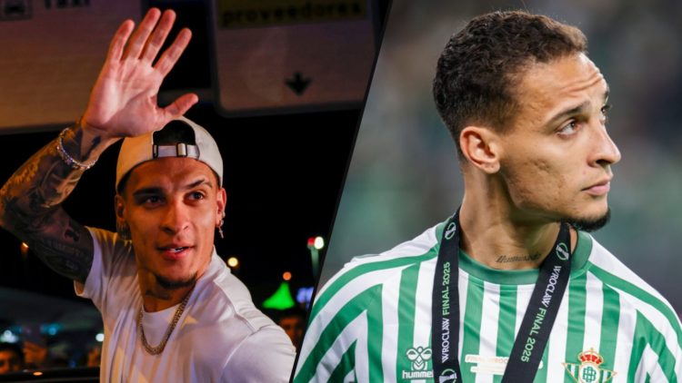 Former Manchester United and Ajax winger Antony arrives at Seville airport and is met by Real Betis fans in Seville, Spain, inset the Brazil intern...