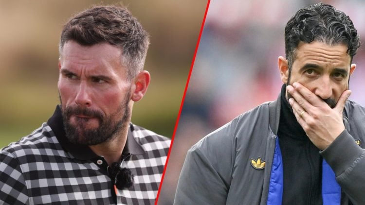 Ruben Amorim during the Premier League match between Brentford and Manchester United at the Gtech Community Stadium, inset Ben Foster.