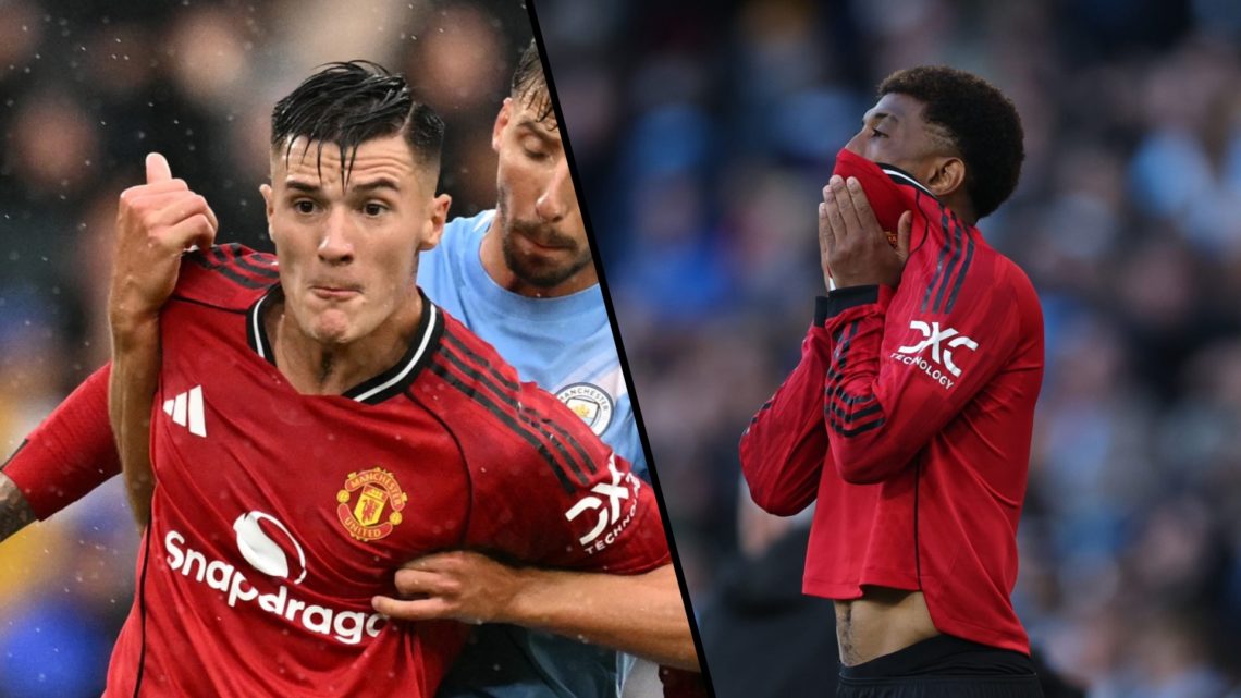 Split image. Benjamin Sesko battling Ruben Dias during Manchester derby and Amos with head in hands for Manchester United.