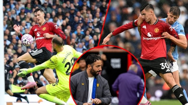 Benjamin Sesko against Ruben Dias, inset the Manchester United striker vs Premier League side Manchester City at the Etihad Stadium, inset Ruben Am...