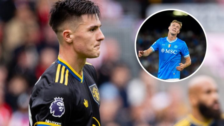 Manchester United striker Benjamin Sesko looking disappointed, inset of Rasmus Hojlund at Napoli.