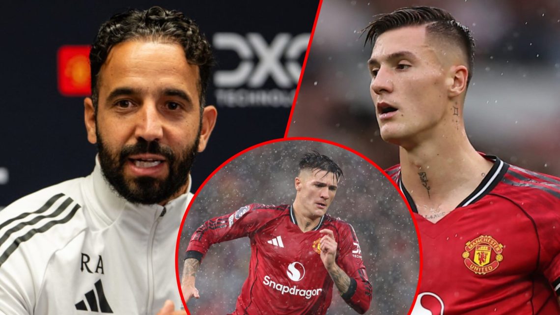 Benjamin Sesko vs Premier League side Burnley at Old Trafford, inset Ruben Amorim at the Carrington training complex, inset the Manchester United s...
