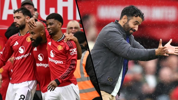 Split image, Bruno Fernandes celebrates with Bryan Mbeumo and Amad for Manchester United and Ruben Amorim with hands outstretched giving instructions.