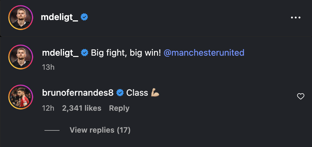 Bruno Fernandes’ reaction to Matthijs de Ligt’s message after Manchester United’s 2-1 win against Chelsea in the Premier League at Old Trafford. Credit: Instagram