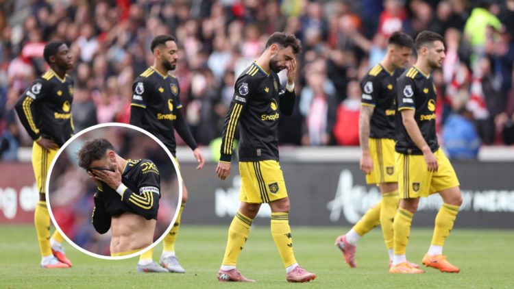 Manchester United captain Bruno Fernandes and teammates dejected vs Brentford.