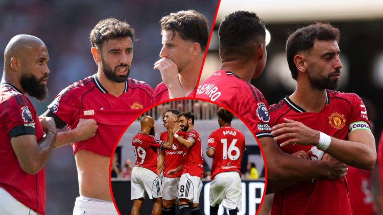 Bryan Mbeumo, Bruno Fernandes and Mason Mount at Old Trafford, inset the Manchester United captain, inset the Portugal midfielder with his teammates.