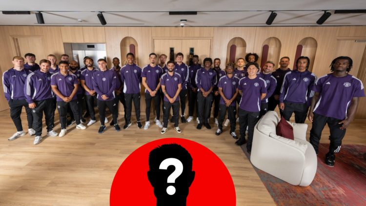Manchester United players, including Bruno Fernandes, attends the official opening of the refurbished training complex at Carrington in 2025.
