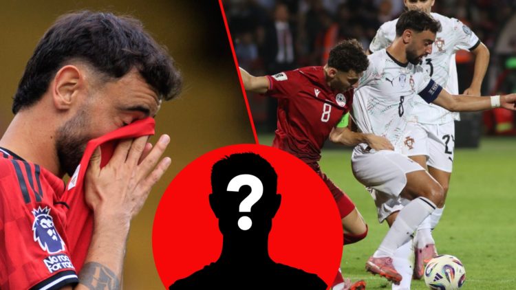 Eduard Spertsyan and Bruno Fernandes during the World Cup 2026 qualifier match between Armenia and Portugal, inset the Manchester United captain.