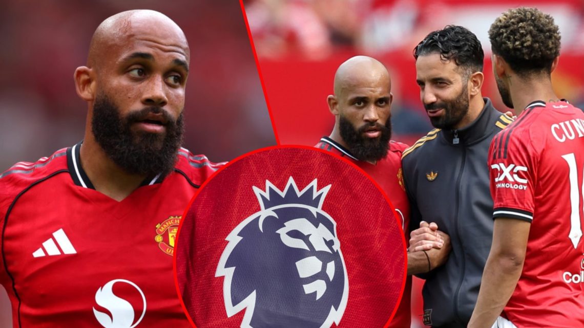 Former Brentford ace Bryan Mbeumo, inset the Manchester United summer signing with Ruben Amorim and Matheus Cunha, inset the Premier League logo.