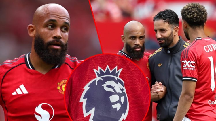 Former Brentford ace Bryan Mbeumo, inset the Manchester United summer signing with Ruben Amorim and Matheus Cunha, inset the Premier League logo.