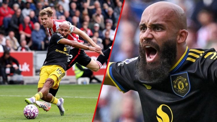 Nathan Collins and Bryan Mbeumo in the Premier League match between Brentford and Manchester United at the Gtech Community Stadium, inset the Red D...