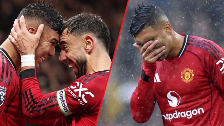 Casemiro celebrates with teammate Bruno Fernandes during the Premier League match against Chelsea at Old Trafford, inset the Manchester United midf...
