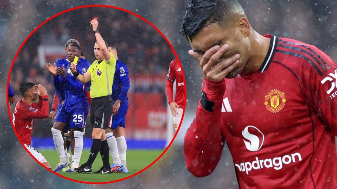 Casemiro reacts during the Premier League match between Manchester United and Chelsea at Old Trafford in 2025 in Manchester, England.