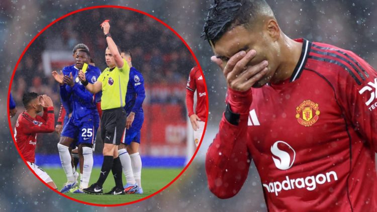 Casemiro reacts during the Premier League match between Manchester United and Chelsea at Old Trafford in 2025 in Manchester, England.