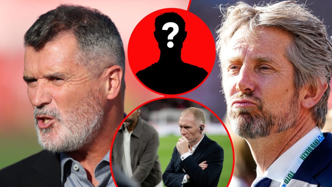 Manchester United legend Edwin van der Sar, inset Premier League legend Paul Scholes as a pundit, inset Roy Keane as a TV pundit.