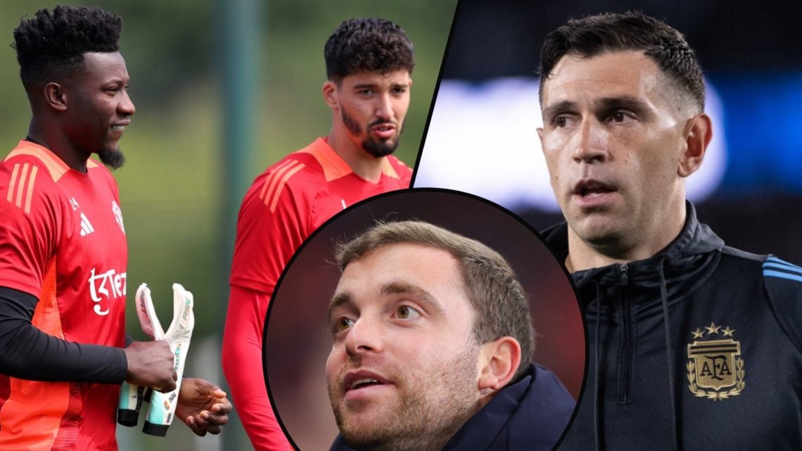 Aston Villa star Emiliano Martinez, inset Manchester United duo Andre Onana and Altay Bayindir, inset Fabrizio Romano.