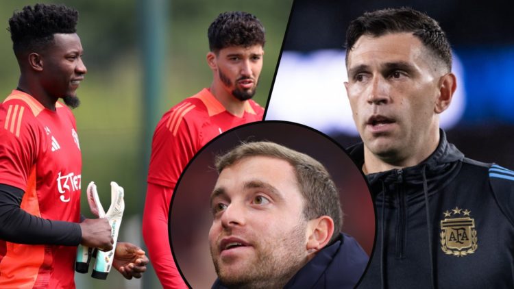 Aston Villa star Emiliano Martinez, inset Manchester United duo Andre Onana and Altay Bayindir, inset Fabrizio Romano.