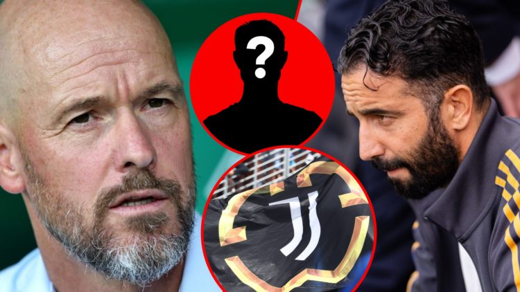 Former Bayer Leverkusen and Ajax manager Erik ten Hag, inset Manchester United head coach Ruben Amorim, inset the Juventus club crest.