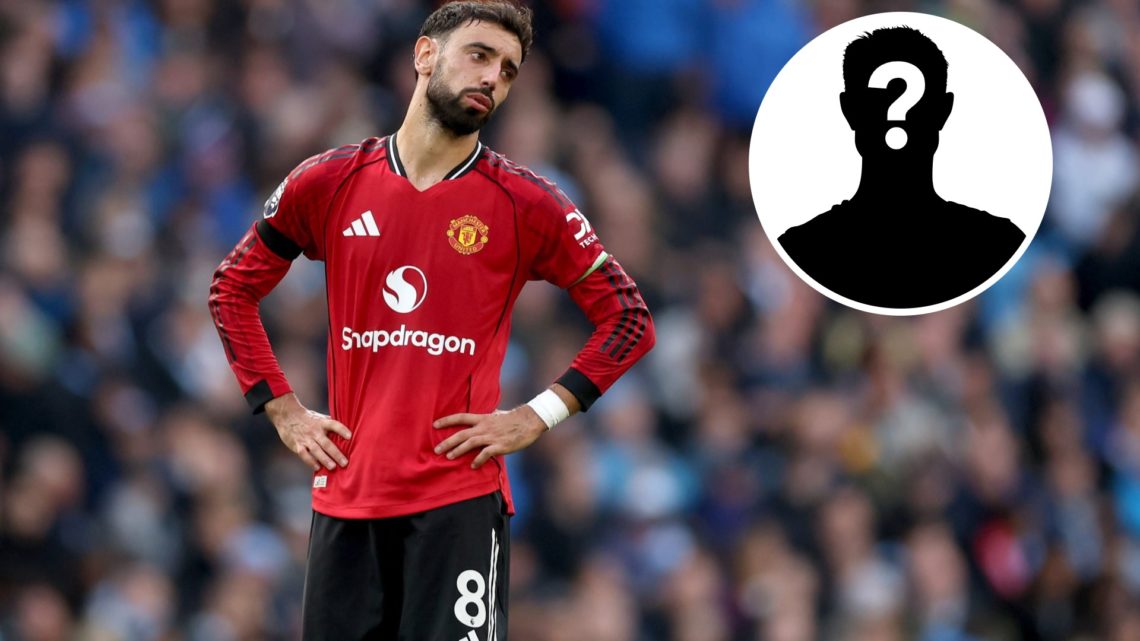 Bruno Fernandes looking desolate in Man Utd jersey, mystery player silhouette