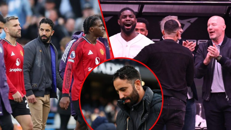 Gary Lineker, Alan Shearer and Micah Richards, inset Ruben Amorim at the Etihad, inset Manchester United players after the Premier League match aga...