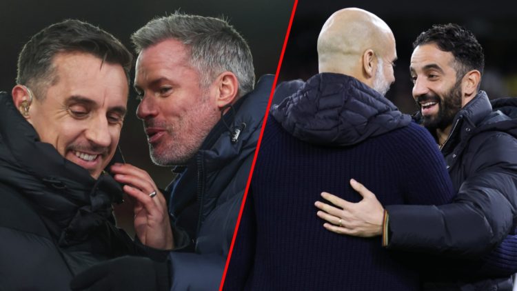Sky Sports pundits Gary Neville and Jamie Carragher, inset Manchester City manager Pep Guardiola and Manchester United head coach Ruben Amorim.