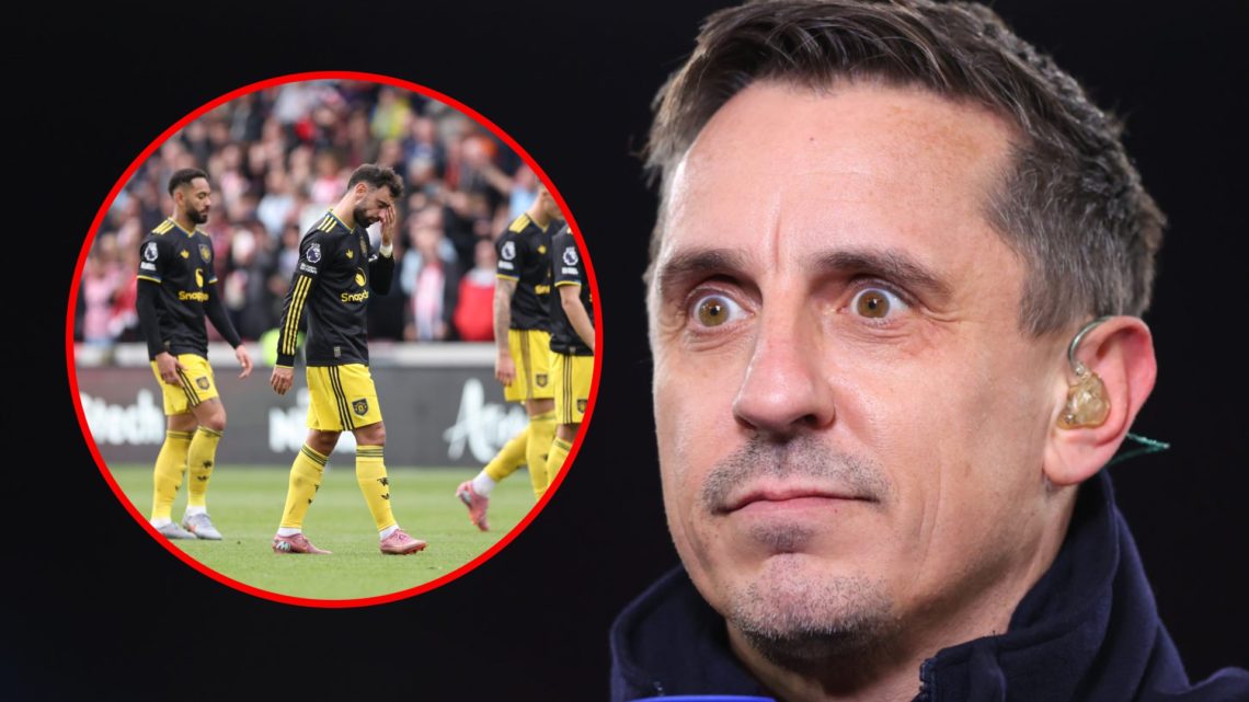 Sky Sports pundit Gary Neville, inset Bruno Fernandes and the Manchester United players after the Premier League clash vs Brentford at the Gtech Co...