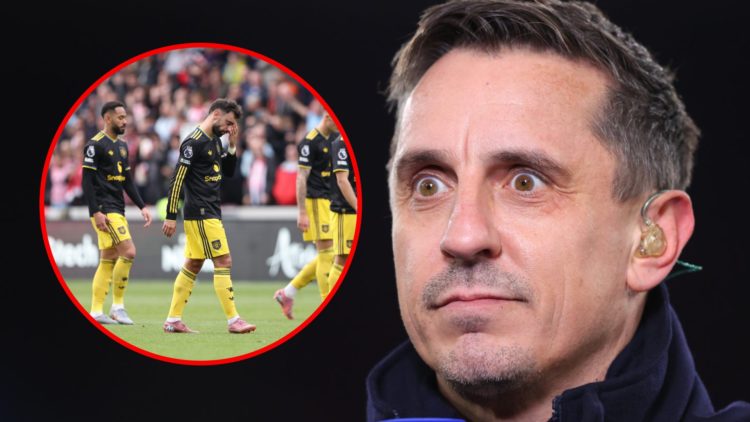 Sky Sports pundit Gary Neville, inset Bruno Fernandes and the Manchester United players after the Premier League clash vs Brentford at the Gtech Co...